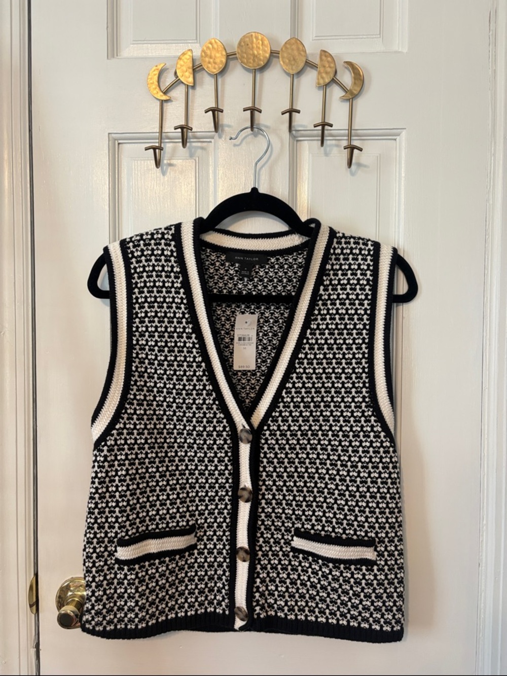 Ann Taylor Black and White Knit Vest with V-Neck